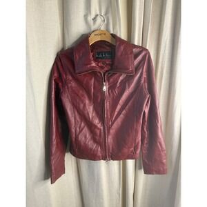 Nicole Miller New‎  Leather Jacket dark red burgundy Motorcycle Biker Small S